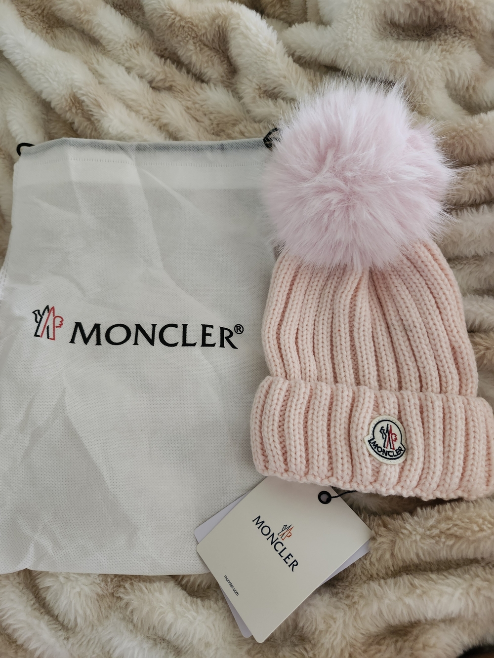 Moncler Light Pink Ribbed Knit Beanie with Faux-Fur Pom